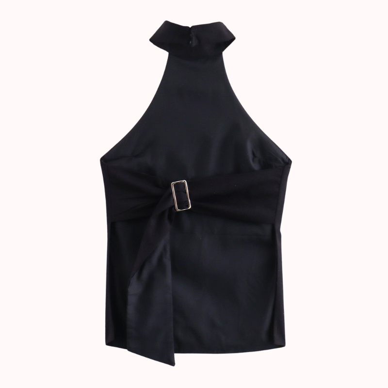 Svart Satin Halter Topp - Elise